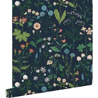 ESTAhome behang veldbloemen inktblauw en groen - 53 cm x 10.05 m - 139844