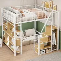 Sweiko Multifunctioneel hoogslaper, 140 x 200 cm, metalen bed met opbergruimte, plateaus en een trap, geschikt als bed voor volwassenen en kinderen, wit