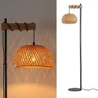 Alpinaluz Houten vloerlamp met rieten details en een bamboe lampenkap, voorzien van een voetpedaal en een modern design, geschikt voor de woonkamer of keuken, E27 fitting