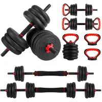 Mobiclinic Mobimax - Halterset - Paar halters 20kg - Verstelbaar (60-110 cm) - Dumbbell, Halterset & Kettlebell Set in 1 - 20 KG - Zwart en rood