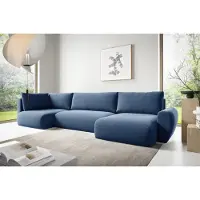 Fun-Möbel Zitmeubel met slaapbank, model GALAN, bekleding: stof Poso, kleur: blauw, met hocker aan de rechterkant