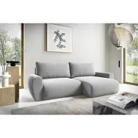 Fun-Möbel Eckbank met slaapfunctie, model GALAN, bekleding: stof Poso, kleur: lichtgrijs, met ottomaan aan de rechterkant