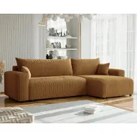 Fun-Möbel Drie-zitsbank met slaapfunctie, model LUNA MAX, bekleed met stof Poso in de kleur honinggeel, met een chaise longue aan de rechterkant