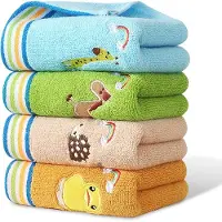 JeiibrZui Cartoon Handdoeken Set - 4 Stuks - 25x50cm - Geborduurd Dierenpatroon - 100% Katoen - Zacht en Absorberend - Voor Sport Camping Badkamer en als Cadeau - Multicolor