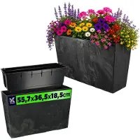 Kadax Bloembak, van kunststof, 5 kleuren, bloempot, met bewateringsbandjes, balkonbak, met inzetstuk, plantenbak, voor buiten, rechthoekig, ruitjespatroon, 18,5 x 55,7 cm, zwart