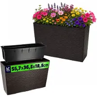 Kadax Bloembak van kunststof, 18,5 x 55,7 cm, 5 kleuren, bloempot met irrigatiebanden, balkonbak met inzetstuk, plantenbak voor buiten, bloembak (rechthoekig, ruitpatroon, mokka)