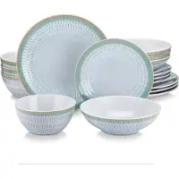 Happyment Amaranta Serviesset - 16 delig - 4 persoons - Wit/Groene rand - Dinerborden - Bordenset - Diepe borden - Ontbijtborden - Servies - Keukenservies