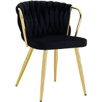 Merax Eetkamerstoel met Fluwelen Bekleding - Moderne Gestoffeerde Stoel met Gevlochten Rugleuning en Goudkleurige Metalen Poten - Ergonomische Fauteuil voor Eetkamer - Woonkamer en Keuken - Zwart/Goud