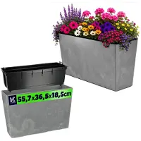 Kadax Bloembak, van kunststof, 5 kleuren, bloempot, met bewateringsbandjes, balkonbak, met inzetstuk, plantenbak, voor buiten, 18,5 x 55,7 cm, rechthoekig, ruitjespatroon, wit