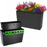 Kadax Bloembak van kunststof, 18,5 x 55,7 cm, 5 kleuren, bloempot met irrigatiebanden, balkonbak met inzetstuk, plantenbak voor buiten, bloembak (rechthoekig, ruitpatroon, grafiet)
