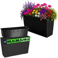 Kadax Bloembak van kunststof, 18,5 x 55,7 cm, 5 kleuren, bloempot met irrigatiebanden, balkonbak met inzetstuk, plantenbak voor buiten, bloembak (rechthoekig, glanzend, zwart)