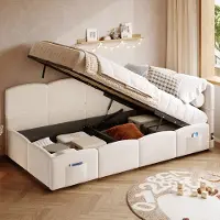 Merax Slaapbank 90x190 cm - kinderbed - met opbergruimte - met lattenbodem - USB-oplader - opbergzak - beige - zonder matras