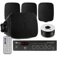 Power Dynamics buiten speakers set van 4 waterdichte mini speakers - Bluetooth en FM radio - Zwart