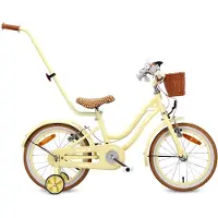 Sun baby Heart Bike Fiets voor een meisje van 2 tot 6 jaar, 12, 14, 16 inch, met fietsbel, zijwieltjes, duwstang en stuurmandje (Butter Yellow, 16 inch)