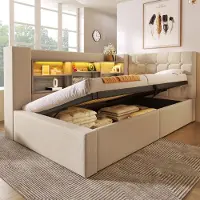 MODFU - Bedframe 90x200 cm – Met L-vormig hoofdbord (links/rechts), LED & hydraulisch – Beige linnen