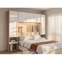 Parisot Bedbrug Ponte 265cm met twee nachttafeltjes en LED-verlichting - hoogglans wit/eikdecor