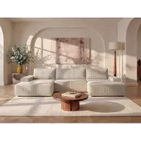 Vente-unique XXL hoekslaapbank van beige ribfluweel AMELIA