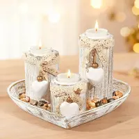 JeiibrZui Houten Theelichthouder Set Love Heart - 3-Delig Kandelaar Met Dienblad - Rustiek Wit Massief Hout - Voor Bruiloft Tafeldecoratie En Romantisch Cadeau