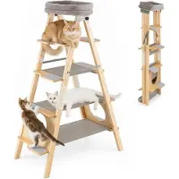 OEM Kattentoren met 5 niveaus, gemaakt van massief hout, voorzien van sisal klimpalen en een zacht ligvlak. Opklapbare kattentoren, geschikt voor zowel grote als kleine huisdieren