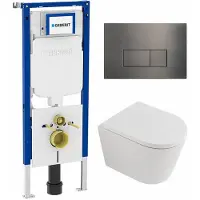 Geberit QeramiQ Dely Toiletset - 36.3x51.7cm - diepspoel - rimless - UP720 inbouwreservoir - softclose toilet zitting 35 mm - gunmetal bedieningsplaat - rechthoekige knoppen - mat wit