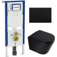 Geberit QeramiQ Dely Toiletset - 36.3x51.7cm - diepspoel - rimless - UP720 inbouwreservoir - softclose toilet zitting 35 mm - kunststof mat zwarte bedieningsplaat - ronde knoppen - mat zwart