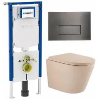 Geberit QeramiQ Dely Toiletset - 36.3x51.7cm - diepspoel - rimless - UP720 inbouwreservoir - softclose toilet zitting 35 mm - gunmetal bedieningsplaat - rechthoekige knoppen - mat beige