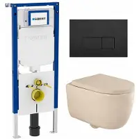Geberit QeramiQ Dely Swirl Toiletset - 36.3x51.7cm - UP720 Duofix Sigma inbouwreservoir - 35mm zitting - mat zwarte metalen bedieningsplaat - rechthoekige knoppen - beige