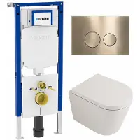 Geberit QeramiQ Dely Toiletset - 36.3x51.7cm - diepspoel - rimless - UP720 inbouwreservoir - softclose toilet zitting 35 mm - geborsteld messing bedieningsplaat - ronde knoppen - mat wit