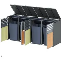 STILVORA Containerombouw – 4 Vakken Met Hydraulisch Klapdeksel – Voor 4 Afvalbakken – Gegalvaniseerd Staal – Grijs Houtlook – Afsluitbaar Voor Buiten