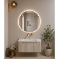 Mueller Rounda badkamermeubel beige mat geribbeld met afgeronde hoeken 80cm en witte wastafel zonder kraangat