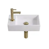 Adema Fuente Fonteinset - 41x22x10cm - keramiek - kraangat links - fontreinkraan geborsteld messing PVD (goud) - afvoerplug - verlaagd sifon - glans wit SW1470597/SW696208/SW696218/SW696238