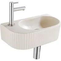 Qeramiq Fuente Fonteinset - 40x21.5x12cm - links - geribbeld - halfrond - 1 kraangat - keramiek - fonteinkraan geborsteld rvs - afvoerplug - verlaagd sifon - beige SW1522215/SW696207/SW696217/SW696237