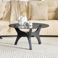 STILVORA Salontafel - Ronde Glazen Tafel Met Houten Frame - Voor Woonkamer En Kantoor - Glas En MDF - 80 x 42,2 cm - Zwart