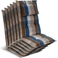 Beautissu Tuinkussen Hoge Rug Zitkussen 120x50cm HighLux HL – Set van 6 Stoelkussens voor Tuinstoelen 7cm dik Bruin-Blauw Geruit – Made in EU