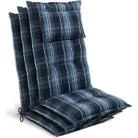 Beautissu Tuinkussen Hoge Rug Zitkussen 120x50cm HighLux HL – Set van 3 Stoelkussens voor Tuinstoelen 7cm dik Blauw-Wit Geruit – Made in EU