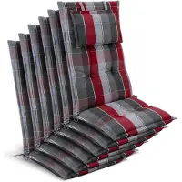Beautissu Tuinkussen Hoge Rug Zitkussen 120x50cm HighLux HL – Set van 6 Stoelkussens voor Tuinstoelen 7cm dik Grijs-Rood-Lichtblauw Geruit – Made in EU