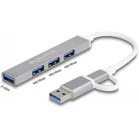 DeLOCK 4-poorts smalle USB-hub met USB Type-C of USB Type-A naar 3 x USB 2.0 Type-A-aansluiting + 1 x USB 5 Gbps Type-A-aansluiting