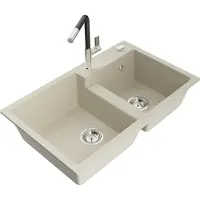 Mexen Tomas granieten gootsteen met 2 kamers en keukenkraan Flora, beige - 6516-69-670401-07