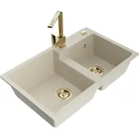 Mexen Tomas granieten gootsteen 2-kamer met keukenmengkraan Rita, beige - 6516-69-670300-50