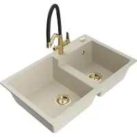 Mexen Tomas granieten spoelbak met 2 bakken en keukenmengkraan Duo, beige - 6516-69-671701-57-G