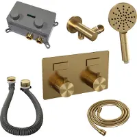 Brauer Gold Carving thermostatische inbouw badkraan met drukknoppen SET 04 met badvulcombinatie en 3-standen handdouche en doucheslang en wandaansluitbocht goud geborsteld PVD