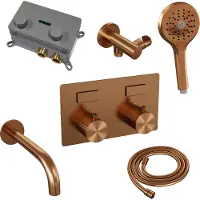 Brauer Copper Carving thermostatische inbouw badkraan met drukknoppen SET 04 met uitloop en 3-standen handdouche en doucheslang en wandaansluitbocht koper geborsteld PVD