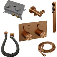 Brauer Copper Carving thermostatische inbouw badkraan met drukknoppen SET 03 met badvulcombinatie en staaf handdouche en doucheslang en wandaansluitbocht koper geborsteld PVD