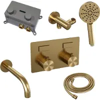 Brauer Gold Carving thermostatische inbouw badkraan met drukknoppen SET 04 met uitloop en 3-standen handdouche en doucheslang en wandaansluitbocht goud geborsteld PVD
