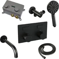 Brauer Black Carving thermostatische inbouw badkraan met drukknoppen SET 04 met uitloop en 3-standen handdouche en doucheslang en wandaansluitbocht mat zwart