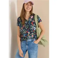 Cecil Dames Blouse met korte mouwen, structuurmix en print - Blauw - XL