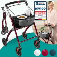 Aktivshop Lichtgewicht Rollator voor Binnen - 54 cm Breed, Opvouwbaar Looprek met Dienblad en Stoffen Mandje, Smalle Rollator van Aluminium, Inklapbaar Mobiliteitshulpmiddel, rood