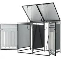 STILVORA afvalcontainer met hydraulisch deksel en slot, tuinkast met verticale houten look afwerking en ventilatie, ijzeren opbergkast voor de tuin