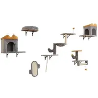 Costway 6-delige kattenwand, 3-laags krabpalen voor aan de muur met bal en plateaus, 2 kattenholen, hangmat, 1 bed en 1 krabplank, krabboom in grijs