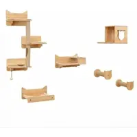 Costway 6-delige kattenwand, krabpalen met plateaus, voerbak, kattenhuis, hangmat, 2 krabpalen en bal. Natuurlijke kattenmeubels